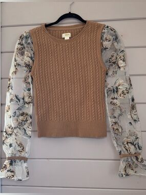 Anthropologie Maeve Tan Cable Knit Sweater with Floral Sheer Sleeves